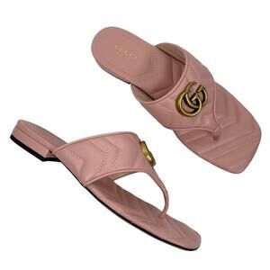 Gucci GG Logo Marmont Leather Thong Flat Sandals Pink Gold Size 37.5